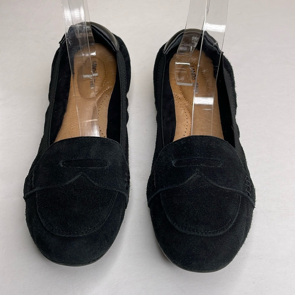 Lands’ End Black Penny Loafers Fitted Suede Cushioned Heel Comfort Slide On 8.5